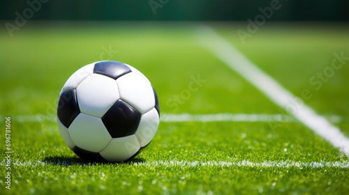 Soccer ball on green synthetic grass soccer sports field with white stripe lines © Gertrud