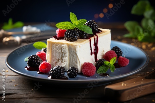 A beautifully crafted slice of traditional Semifreddo, a classic Italian dessert, garnished with fresh summer berries and mint leaves