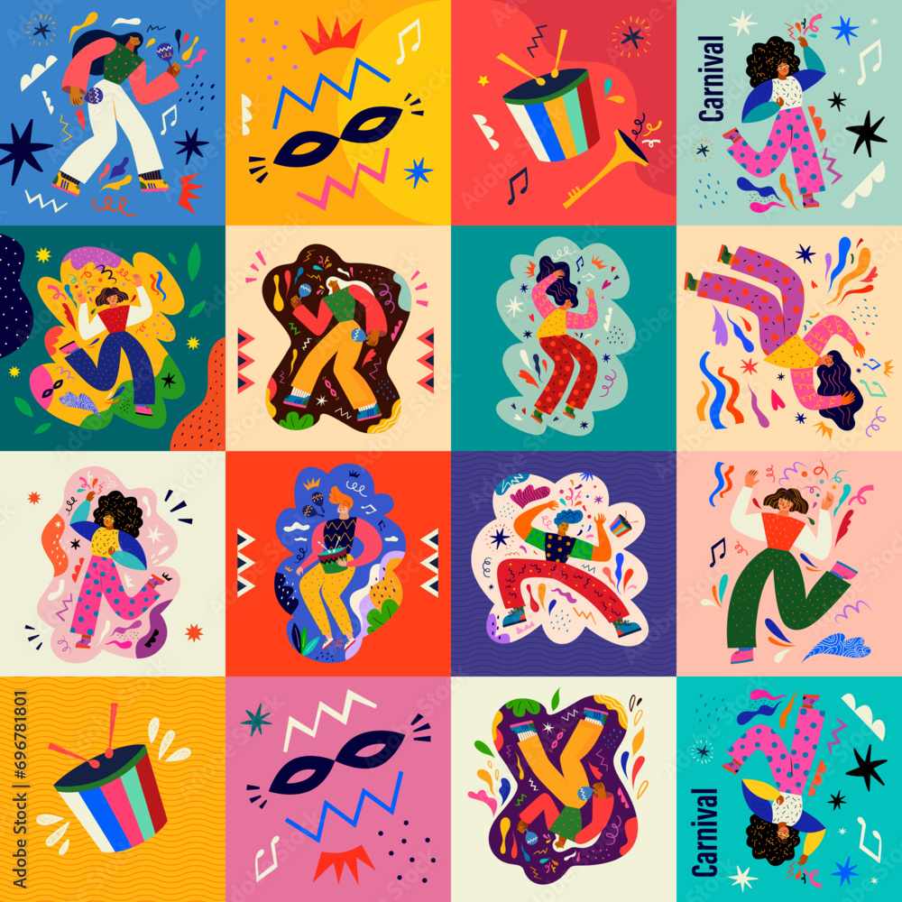 Carnival party. Carnival collection of colorful cards. Design for Brazil Carnival. Beautiful holiday vector illustration with dancing people.
