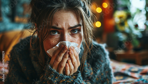 Young women wiping her nose in the winter having a cold. Tissue, nose and sick woman sneezing in living room with allergy, cold or flu in her home. Hay fever, sinusitis and female with viral infection photo