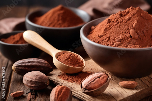 Cocoa powder in a bowl and cocoa beans on wooden background photo