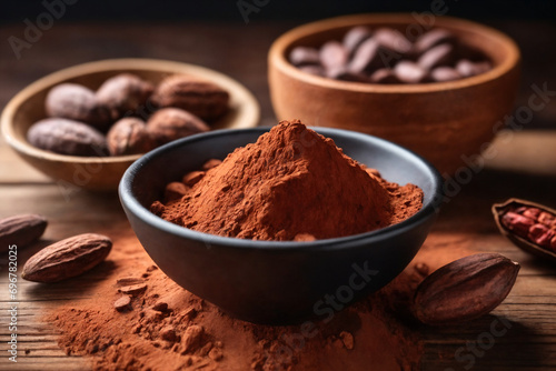 Cocoa powder in a bowl and cocoa beans on wooden background