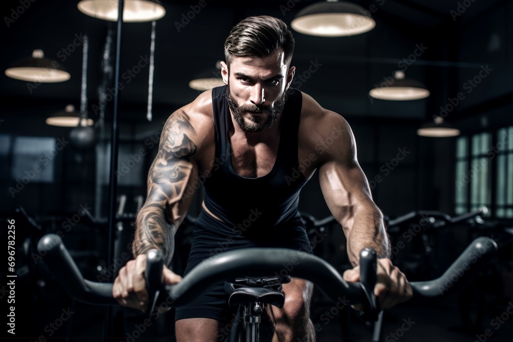 Motivated Man training fitness bike. Adult equipment health male activity. Generate Ai Motivated Man training fitness bike. Adult equipment health male activity. Generate Ai