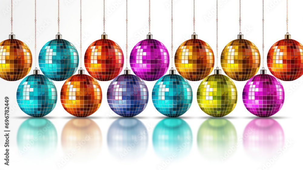 Obraz premium Shiny disco balls and foil fringe curtain indoors, color toned