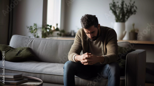 Exhausted man in living room experiencing mental health issues including depression anxiety and financial problems resulting in frustration and despair hyper relistic  photo