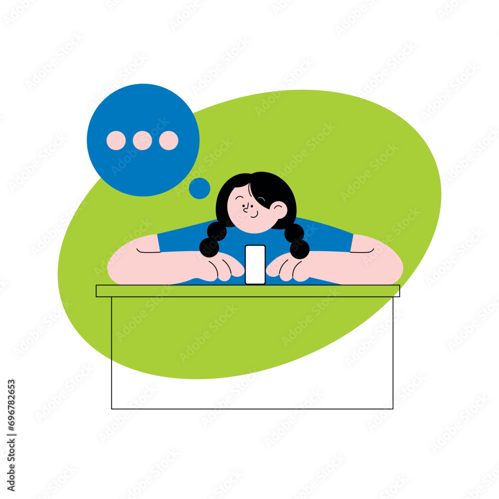 minimalist cartoon flat character design of a funny woman showing her smastphone, speech bubble, ads mascot minimalist cartoon flat character design of a funny woman showing her smastphone, speech bubble, ads mascot