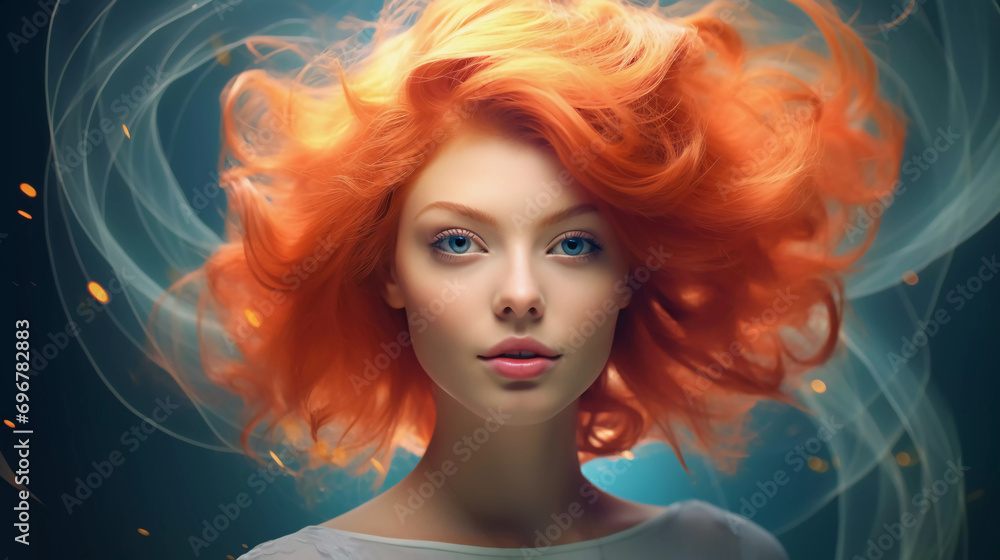 Generative AI illustration of charming attractive young model woman demonstrating hairdress dyed hair style hyper realistic 