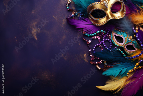 gold mardi gras colorful feathers background topview