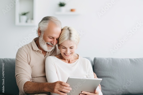 A cheerful senior couple happily embraces on a comfortable couch, using a tablet together.