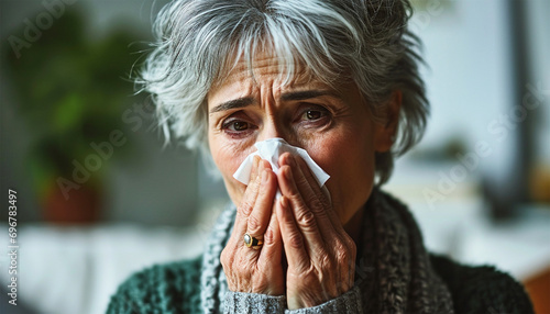 Senior woman having a cold and wiping her nose. covered with blanket blowing running nose sneeze in tissue suffer from allergy flu, allergic old lady hold handkerchief got hay fever, allergy concept