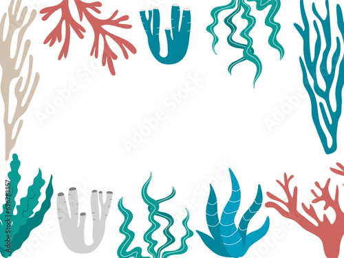 Vector Frame with Multicolor Seaweed Shapes at the Bottom of the Sea. Banner template with bright print for fabric, wrapping, textile, wallpaper, apparel. Underwater life