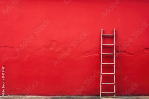 A ladder leaning against a red wall. Minimalism, the path to success. Stairs.