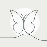Continuous contour of butterfly in one line, simple vector sketch, white background