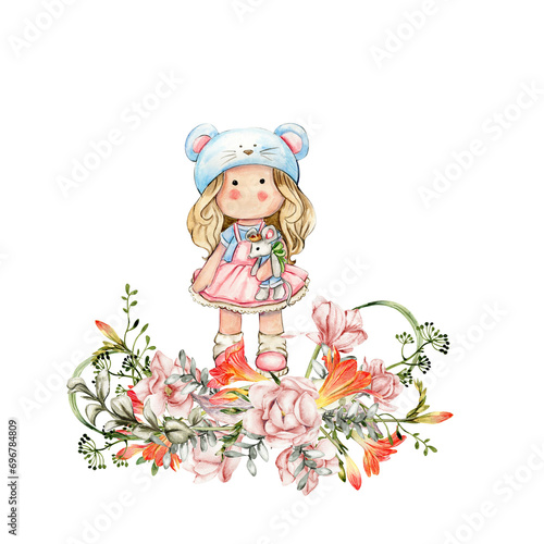 Composition of doll Tilda in dress and freesia flowers. Hand drawn watercolor illustration. Design for baby shower party  birthday  cake  holiday celebration design  greetings card  invitation  sticke