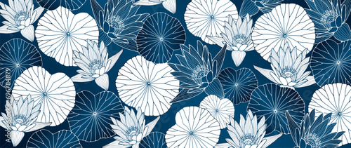 Blue luxury floral background with water lily flowers and leaves. Feminine card, poster, banner photo