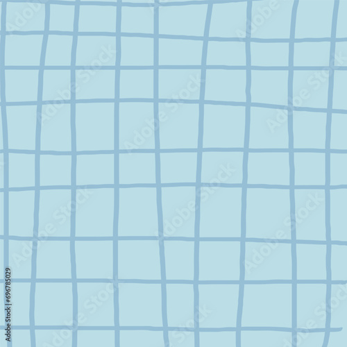 Hand drawn blue plaid pattern. Check, square doodle background. Line art freehand grid. Crossing white stripes brush stroke. Notebook Texture. Abstract Psychedelic print with Wavy Doodle Stripes