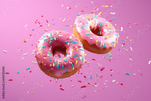 Flying doughnuts on colorful background with sprinkle splash, American sweet dessert fast food