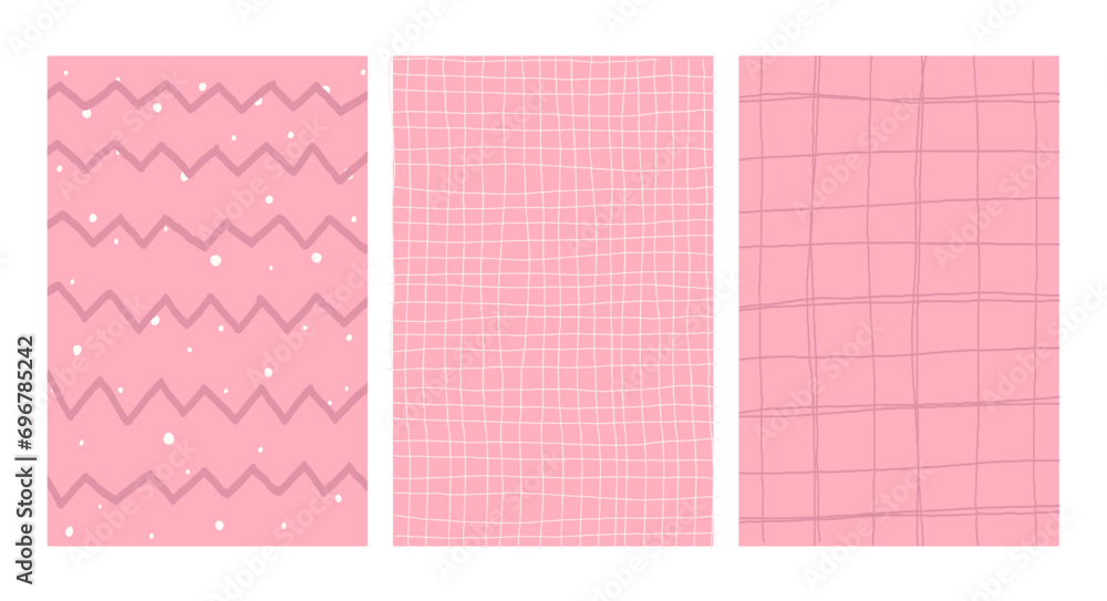 Simple pink Geometric Hand Drawn Irregular Patterns. Doodle Checkered simple drawing with textures. Poster set. Simple pink Geometric Hand Drawn Irregular Patterns. Doodle Checkered simple drawing with textures. Poster set.