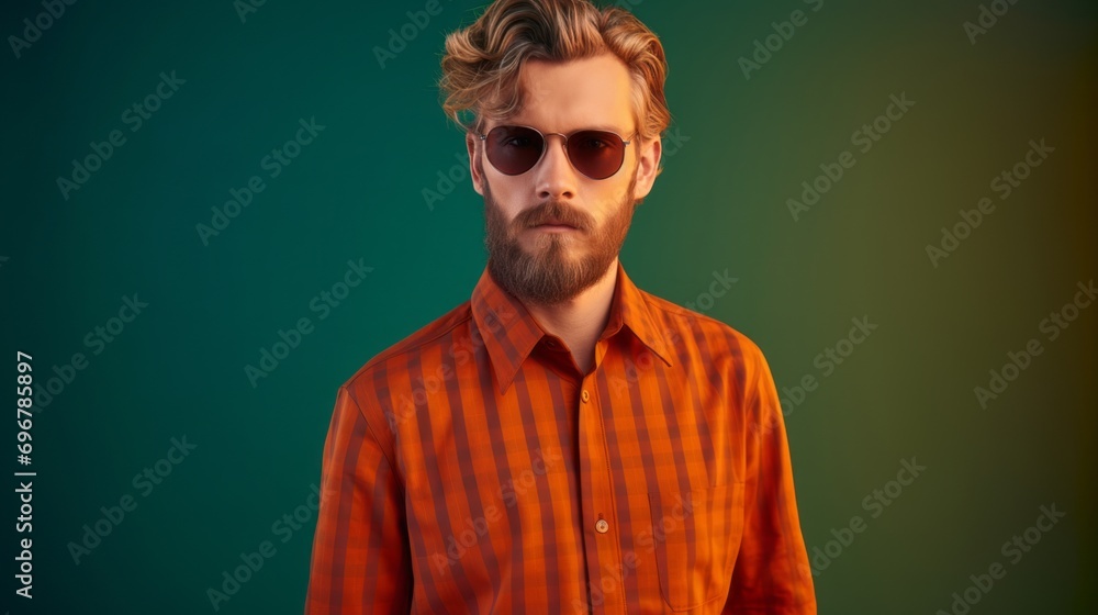 Stylish male with a bright personality. Male portrait on green background. Fashionable clothing style