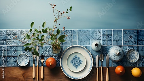 Kitchen utensils table Portuguese and Spain Azulejo tile background,trendy Eco style home still life. Space for text or menu . Business food brand template. Selective focus, blured, to : Generative AI