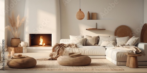 Modern luxury, minimal, elegant, neutral, cozy, white bohemian living room with a sofa. Earth tone colors, Interior design inspiration. photo
