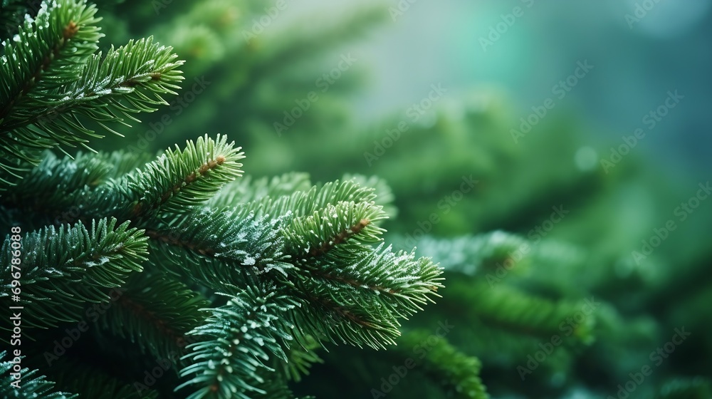 Fir tree brunch close up. Shallow focus. Fluffy fir tree brunch close up. Christmas wallpaper concept. Copy space. : Generative AI Fir tree brunch close up. Shallow focus. Fluffy fir tree brunch close up. Christmas wallpaper concept. Copy space. : Generative AI