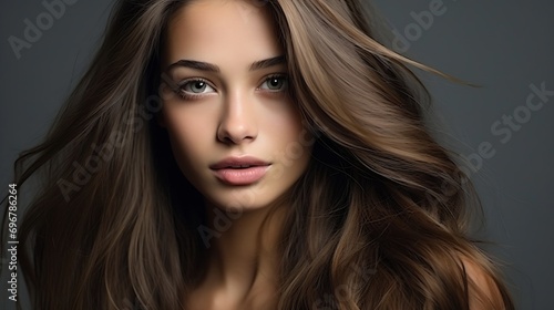 Beauty, fashion, makeup concept. Beautiful woman with brown long hairs close-up portrait looking up in grey studio background with copy space. Eyes is in camera focus. Soft gray color : Generative AI