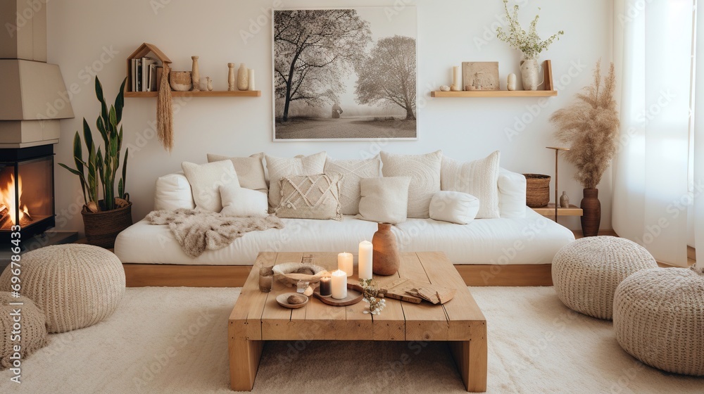 Fototapeta premium Modern luxury, minimal, elegant, neutral, cozy, white bohemian living room with a sofa. Earthy tone colors, Interior design inspiration.