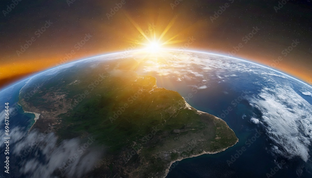sunrise over the planet earth concept with a bright sun and flare and planet