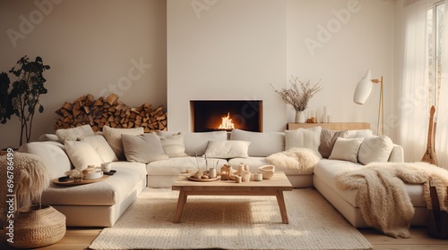 Modern luxury, minimal, elegant, neutral, cozy, white bohemian living room with a sofa. Earthy tone colors, Interior design inspiration.