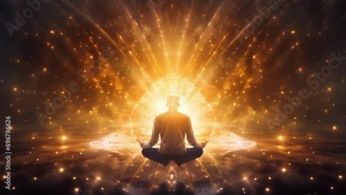 An artistic depiction of a person meditating, with rays of light radiating from their body to illustrate the physical and mental benefits of mindfulness in achieving happiness. photo