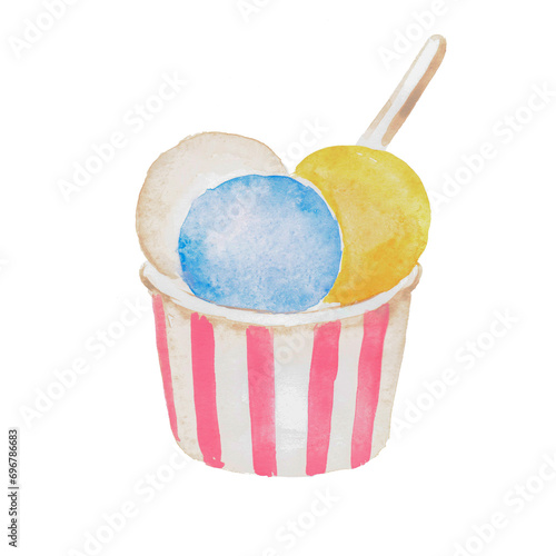   Hand painted watercolor illustration of  Ice-cream , ice cream in a cup,  vanilla, colorful ice cream, dessert, sweet food ,watercolor illustration