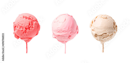 Banner with three ice cream tastes and flavours isolated on white background, flying icecream scoops levitate