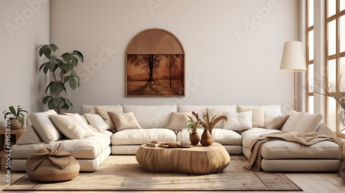 Modern luxury  minimal  elegant  neutral  cozy  white bohemian  boho living room with a sofa. soft earthy colors  Interior design inspiration.