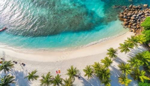 aerial summer top view on sand beach tropical beach white sand turquoise sea palm tree shadows under sunlight drone luxury paradise travel destination vacation landscape amazing nature island coral