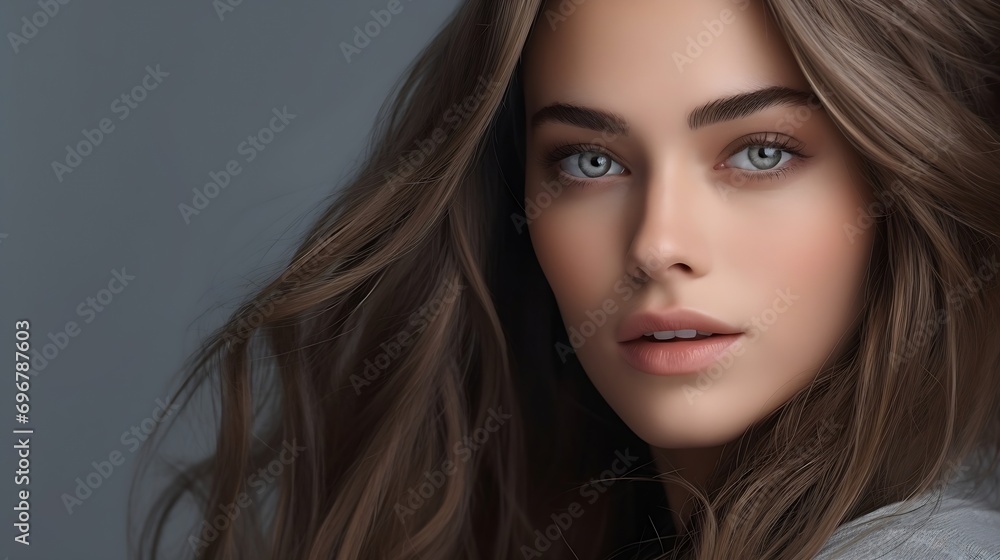 Beauty, fashion, makeup concept. Beautiful woman with brown long hairs close-up portrait looking up in grey studio background with copy space. Eyes is in camera focus. Soft gray color : Generative AI Beauty, fashion, makeup concept. Beautiful woman with brown long hairs close-up portrait looking up in grey studio background with copy space. Eyes is in camera focus. Soft gray color : Generative AI