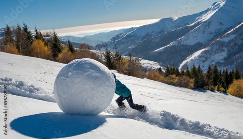 a big snowball rolling down the mountain photo