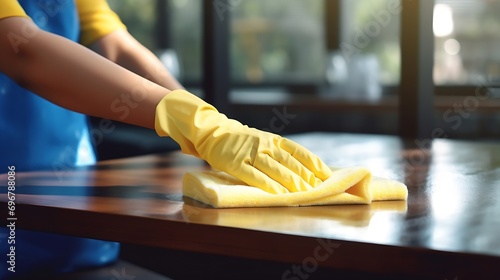 Cleaning hygiene, close up hand of maid, waitress woman wearing yellow protective gloves while cleaning on wood table, use blue rag wiping to dust and spray in restaurant. Housekeeping : Generative AI