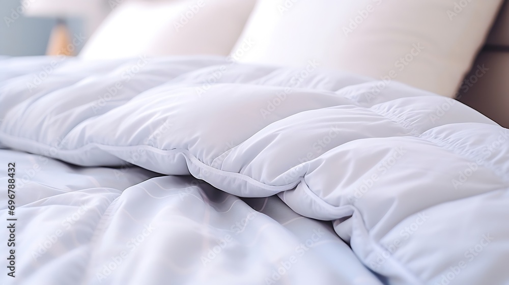 synthetic blanket and pillow on a white sheet. Selective focus : Generative AI synthetic blanket and pillow on a white sheet. Selective focus : Generative AI