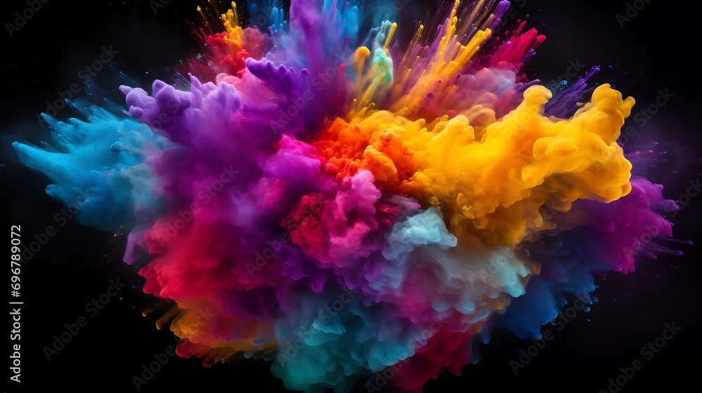 Explosion of colored powder, isolated on black background. Power and art concept, abstract blast of colors. : Generative AI