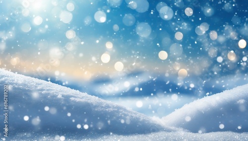 winter snow background with snowdrifts with beautiful light and snow flakes on the blue sky beautiful bokeh circles banner format copy space © Toby