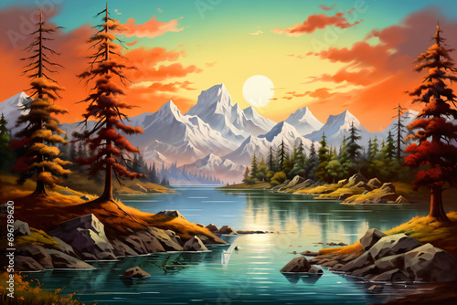 a lake, rocks, trees and mountains under bright sun © ebhanu