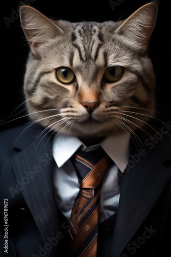 A close-up portrait of a regal long-haired cat dressed in a formal business suit with a richly colored tie, exuding an air of sophistication © ChaoticMind