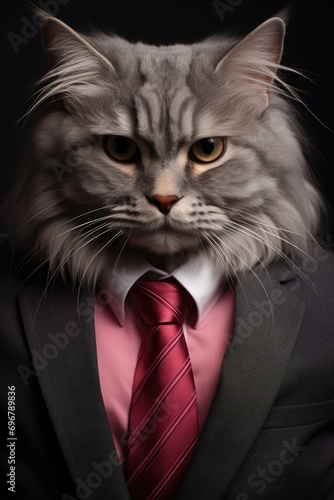 A close-up portrait of a regal long-haired cat dressed in a formal business suit with a richly colored tie, exuding an air of sophistication © ChaoticMind