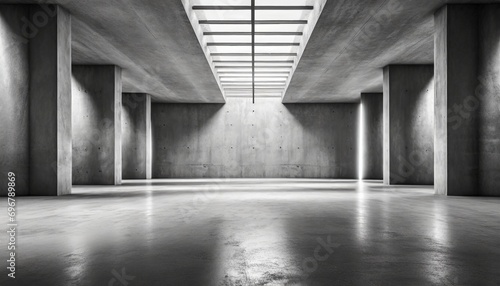 abstract empty modern concrete room with cross shaped light stripes in the ceiling and rough floor industrial interior background template
