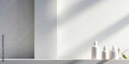 Abstract white 3d studio background for cosmetic product presentation. Empty grey room with shadows of window. Display product with blurred backdrop. : Generative AI