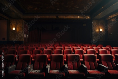Empty red seats in an old-fashioned cinema hall with ambient lighting.