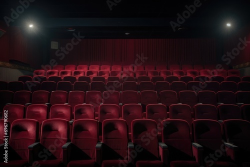 Empty red seats in an old-fashioned cinema hall with ambient lighting.