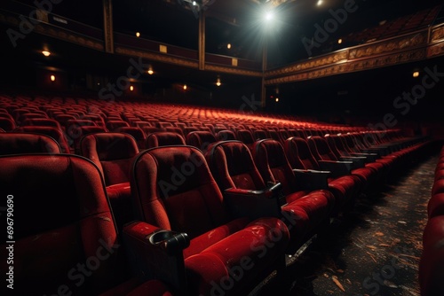 Empty red seats in an old-fashioned cinema hall with ambient lighting. photo
