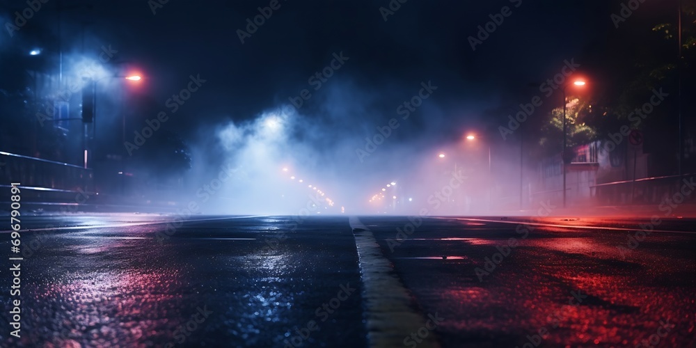 Wet asphalt, reflection of neon lights, a searchlight, smoke. Abstract light in a dark empty street with smoke, smog. Dark background scene of empty street, night view, night city. : Generative AI